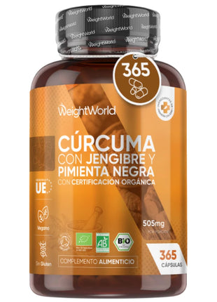Cúrcuma Orgánica con Jengibre y Pimienta Negra | 505 mg | 365 Cápsulas Veganas