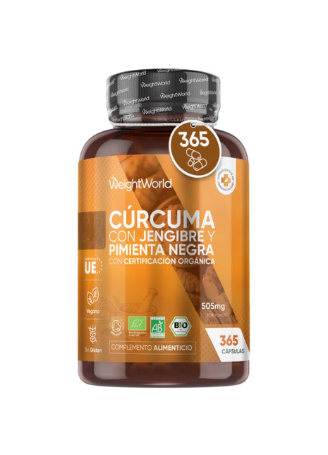 Cúrcuma Orgánica con Jengibre y Pimienta Negra | 505 mg | 365 Cápsulas Veganas