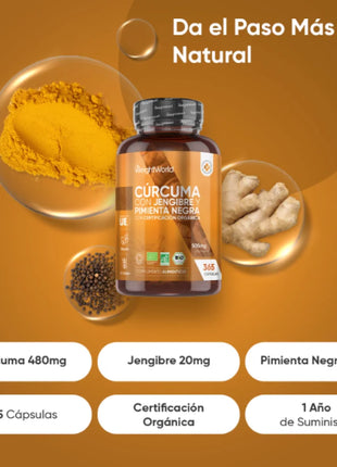 Cúrcuma Orgánica con Jengibre y Pimienta Negra | 505 mg | 365 Cápsulas Veganas