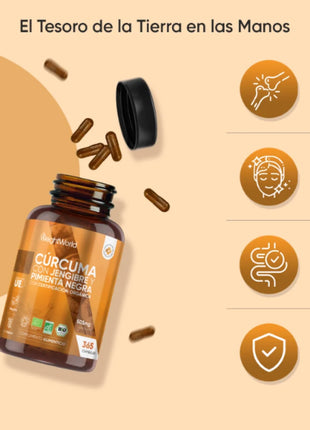Cúrcuma Orgánica con Jengibre y Pimienta Negra | 505 mg | 365 Cápsulas Veganas