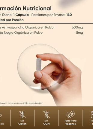 BIO Ashwagandha con Pimienta Negra Orgánica | 605 mg | 180 Cápsulas Veganas