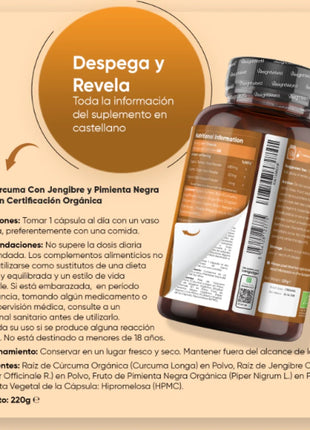 Cúrcuma Orgánica con Jengibre y Pimienta Negra | 505 mg | 365 Cápsulas Veganas