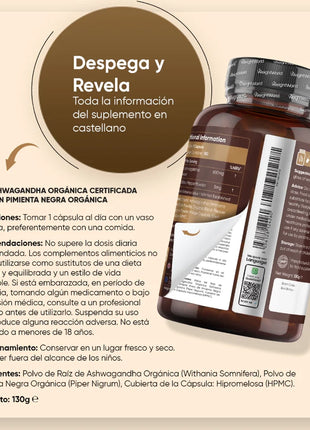 BIO Ashwagandha con Pimienta Negra Orgánica | 605 mg | 180 Cápsulas Veganas